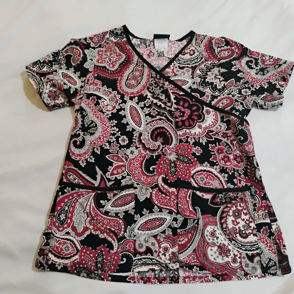 Tafford Black and Red Paisley Print Scrub Top